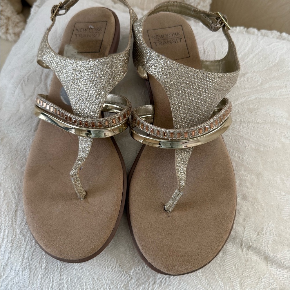 New York Transit Gold Tan Sandals with Rhinestone Embellishments